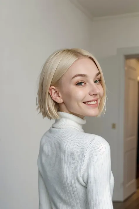 close range of realistic photo of <lora:JadeLloyd_v1:0.9> JadeLloyd with platinum blonde hair and smiling, focus on face, from behind wearing a turtleneck , her hair is styled as french bob hair,