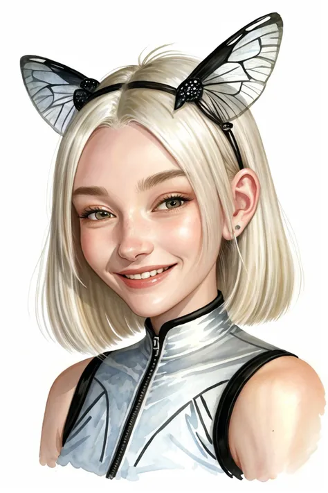 an extremely detailed, intricate watercolor painting of <lora:JadeLloyd_v1:0.9> JadeLloyd with platinum blonde hair and smiling with ant antenna on her head, she has multifaceted eyes, she has insect wings for ears