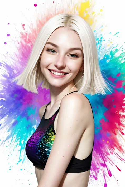 realistic photo of (<lora:JadeLloyd_v1:0.9> JadeLloyd with platinum blonde hair and smiling:1.0), ink splash, colorful fractals