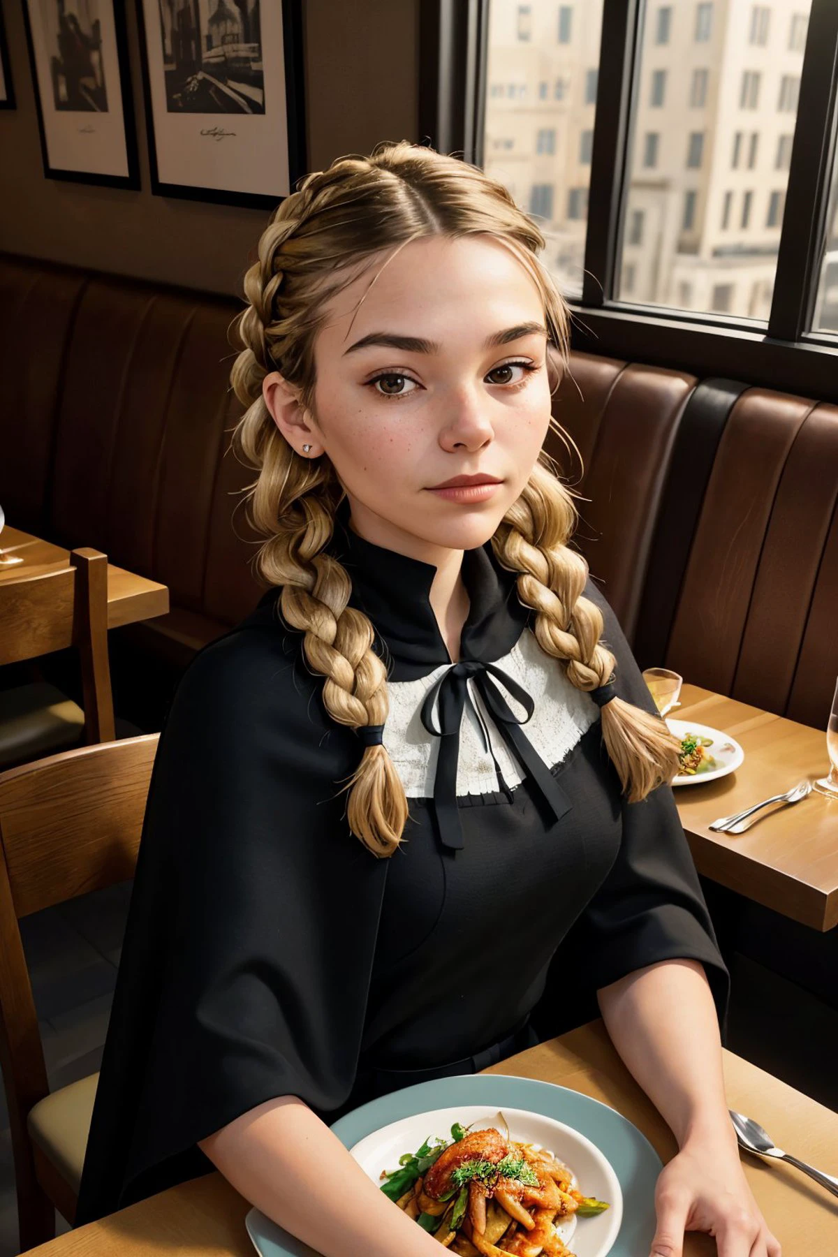 stencil art style, bold, urban, Banksy style, detailed (high angle, headshot:1.2) <lora:JadeLloyd_v1:0.9> JadeLloyd, she is wearing straw cape, her hair is styled as braided bangs, BREAK she is (dining at an upscale restaurant:1.1), radiant god rays, 50mm ,shot on Hasselblad X1D II, smooth color gradations ,overexposed,