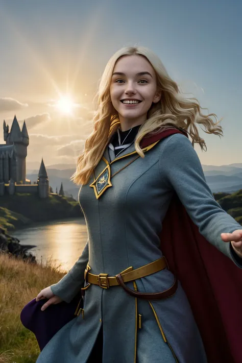 <lora:JadeLloyd_v1:0.9> JadeLloyd with platinum blonde hair and a big goofy grin, solo, upper body, looking at viewer, detailed background, detailed face, (hogwarts theme:1.1), eyes blazing with the power of the sun, sun-wizard, blessed by the sun, wearing gold trimmed yellow-red sorcerer clothes, solar cape, stoic look, dynamic pose, arcane solar glyphs, radiating, epic burning power, dawn in background, solar flare, epic atmosphere,