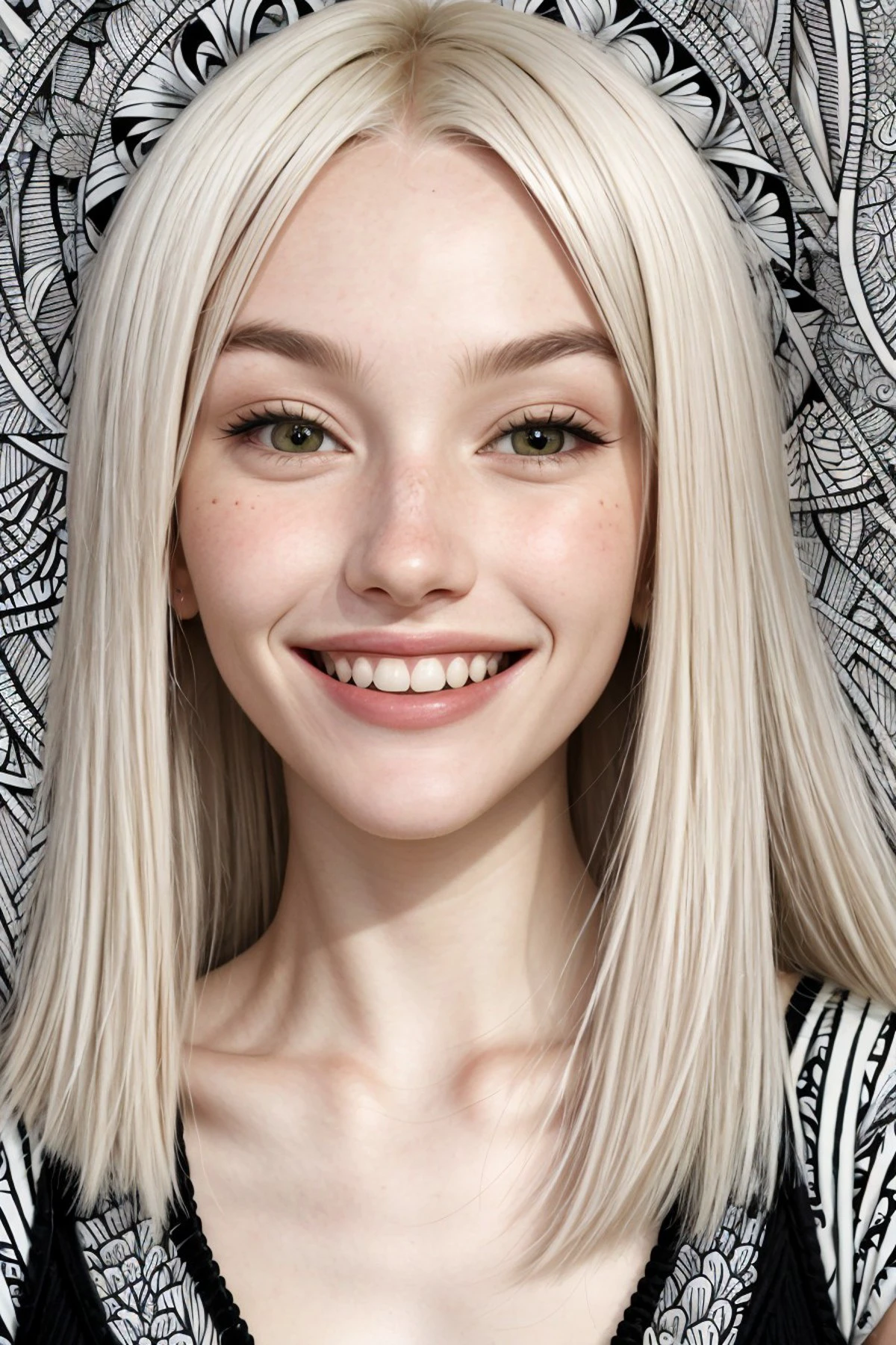 (zentangle style:1.2), <lora:JadeLloyd_v1:0.9> JadeLloyd with platinum blonde hair and a big goofy grin, close up on face, focus on eyes, surrounded by tulip symbols