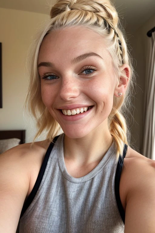 (low angle, closeup on face:1.2) photo of <lora:JadeLloyd_v1:0.9> JadeLloyd with platinum blonde hair and a big goofy grin,
she is wearing sweatpants
,
she is wearing wristband,
her hair is styled as french braided bangs,
BREAK she is (reinacting the civil war:1.1),
soft diffused lighting,
vignette,