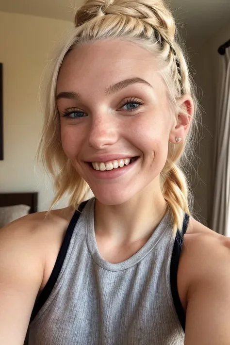 (low angle, closeup on face:1.2) photo of <lora:JadeLloyd_v1:0.9> JadeLloyd with platinum blonde hair and a big goofy grin,
she is wearing sweatpants
  ,
she is wearing wristband,
her hair is styled as french braided bangs,
BREAK she is (reinacting the civil war:1.1),
soft diffused lighting,
vignette,