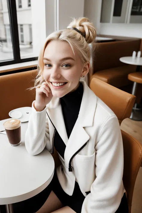 (from above, closeup on face:1.2) photo of <lora:JadeLloyd_v1:1> JadeLloyd with a huge goofy grin and platinum blonde hair, she is wearing tailcoat , she is wearing aiguillette, her hair is styled as Curly Sock Bun, BREAK she is (sitting in a cafe:1.1), soft diffused lighting, shot on Hasselblad 500CM, desaturated grunge filter,Porta 160 ,
