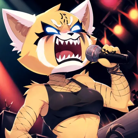 retsuko, panda girl, (best quality, masterpiece:1), furry female anthro, rage mode, fishnet, black crop top, portrait, holding microphone, \m/, devil horns gesture, looking at viewer, (short stack:1.1), (open mouth, sharp teeth:1.2), (glowing eyes, white eyes:1.1), blush, striped tail, (concert lights background:1.2), <lora:retsuko-v1-locon:1>