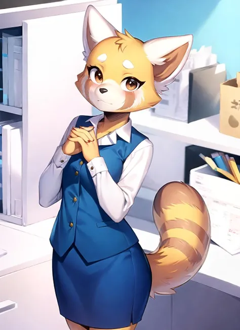 1girl, RetsukoCzar, (pelaje de dos tonos, pelaje naranja, ojos negros, bigotes, orejas de animal, cola de mapache, cola a rayas, hocico), (falda azul, camisa blanca de manga larga, chaleco azul, dama de oficina), (interior, oficina), (obra maestra: 1.2), contrata, ultrahigh resolution, 8K, alta calidad, (foco clear: 1.2), limpio, clear, cinemactic, sonrisa, sonrisa picara, manos en los senos, escote amplio, mostrando su escote, senos medianos, boca cerrada,  mirada seductora.