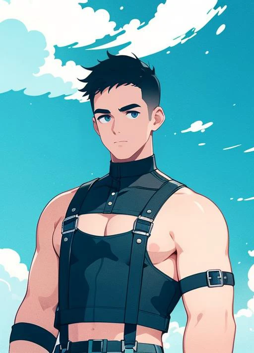 1boy, solo, short hair, black hair, sky, looking at viewer, arm band, leather pants <lora:kk-boy:0.8>  <lora:GayHarness_v2:0.5> gayharness harness a man in a leather harness <lora:æå¹³é£æ ¼æç»(æ¯æç§çè½¬ç»)_v1.0:0.45>