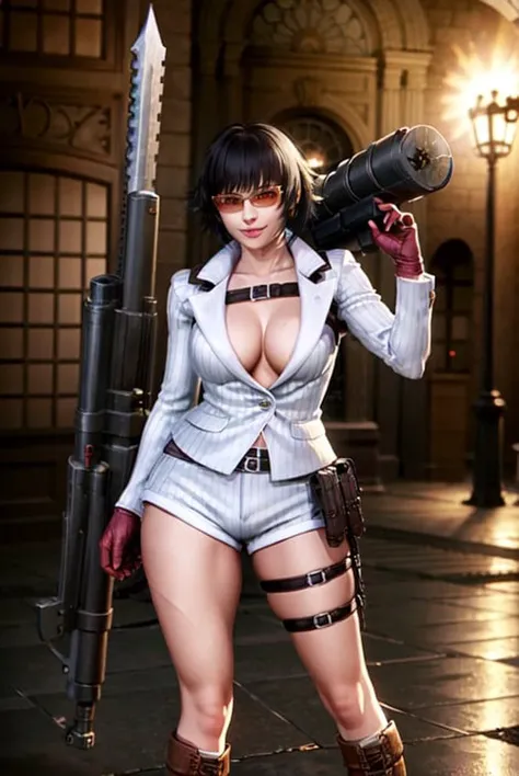 (masterpiece, best quality:1.2), lady, dmc, dmc4, white striped suit, 1girl, solo, heterochromia, red eyes, blue eyes, black hair, smile, tinted eyewear, striped, shorts, thighs, weapon, red gloves, huge weapon, cleavage, large breasts, rocket launcher, scar, gun, <lora:LADY-15:0.8>