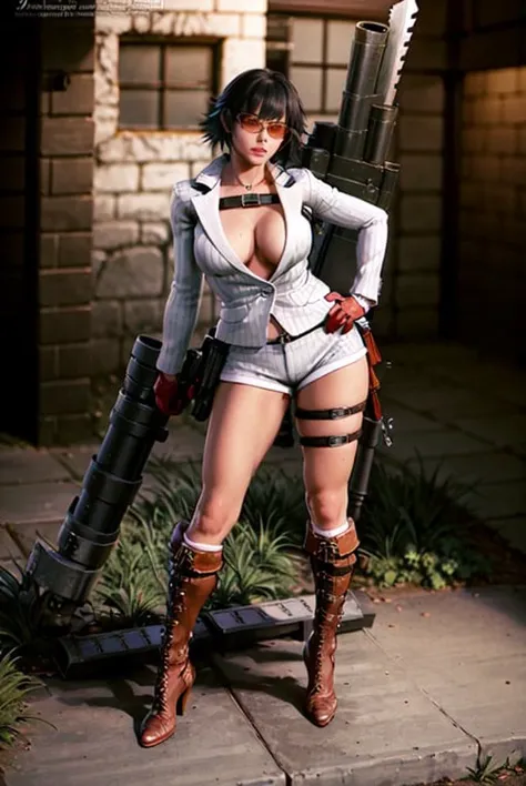 (masterpiece, best quality:1.2), lady, dmc, dmc4, white striped suit, 1girl, solo, heterochromia, red eyes, blue eyes, black hair, tinted eyewear, striped, shorts, thighs, weapon, red gloves, huge weapon, cleavage, large breasts, rocket launcher, scar, gun, <lora:LADY-15:0.8>