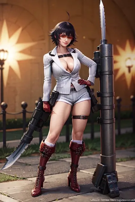 (masterpiece, best quality:1.2), lady, dmc, dmc4, white striped suit, 1girl, solo, heterochromia, red eyes, blue eyes, black hair, smile, tinted eyewear, striped, shorts, thighs, weapon, red gloves, huge weapon, cleavage, large breasts, rocket launcher, scar, gun, <lora:LADY-15:0.8>