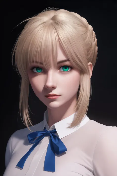 realistic, phSaber, phArtoria, blonde hair, (french braid:1.2), (green eyes:1.2), blue ribbon, blue hair bow, upper body, white shirt with long sleeves, (ahoge:1.1), slight smile, portrait, looking at viewer, facing viewer, from side, (slate gray atmosphere:1.3), cinematic, <lora:saber_v1:0.3>, ((shining eyes:1.2), masterpiece, best quailty, extremely detailed eyes, extremely detailed hair, textured skin), <lora:hairdetailer:0.3>