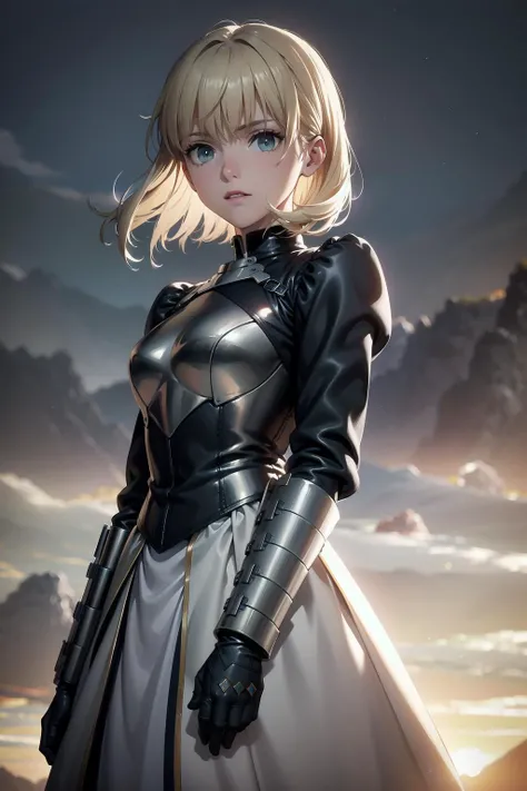 generate an evocative image of the woman knight, positioned against a breathtaking landscape, her yellow hair flows in the wind, creating a dynamic and captivating scene, the knight, adorned in an elegant suit of armor, stands atop a majestic cliff overlooking a vast and fantastical world, The wind tousles her hair as she gazes into the distance, revealing a mixture of determination and tranquility, the setting sun bathes the landscape in warm hues, casting long shadows and creating a mesmerizing play of light, the panoramic view includes towering mountains, mystical forests, and a sky filled with swirling clouds and magical auras, Capture the essence of this moment, where the beauty of nature intertwines with the strength and grace of the woman knight, making it a truly enchanting and epic scene, (master piece:1.4, best quality:1.4, intricate details, sharp focus, UHD, 8K, Ultra Detailed 8K CG, extremely detailed CG unity 8k wallpaper, ultra high res, High quality texture, High quality shadow, natural lighting, vivid colors, sof HDR), <lora:saber_v1:0.85>