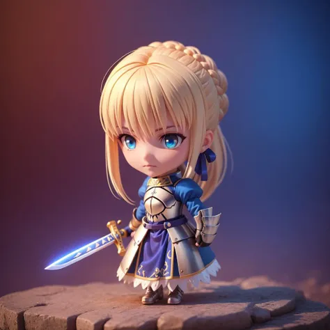 (masterpiece),(best quality),(ultra-detailed), (full body:1.2), cute, cubby, ponytail, <lora:blindbox_v1_mix:1> full body, chibi,pvc,
best quality, phSaber, phAltoria, 1girl, solo, armor, gauntlets, weapon, armored dress, sword, holding, french braid, holding weapon, holding sword, blue dress, long sleeves, puffy sleeves, glowing weapon, glowing, blue ribbon, glowing sword, bangs, hair bun, french braid, juliet sleeves, hair between eyes, breastplate, short hair, single hair bun,( (beautiful detailed face), (beautiful detailed eyes)  <lora:saber_v1:0.7>