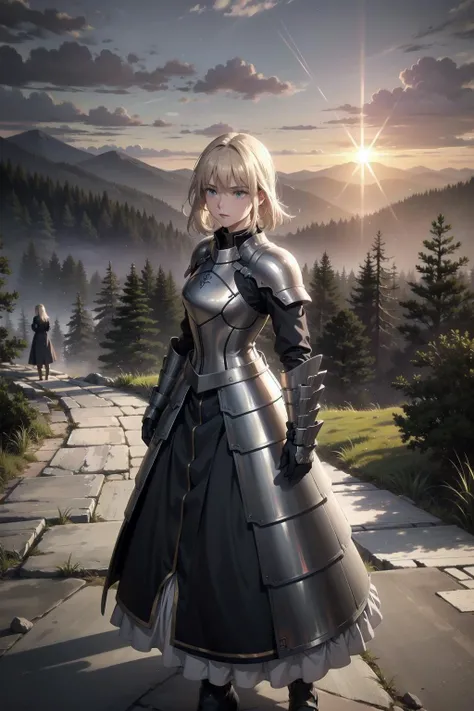generate an evocative image of the woman knight, positioned against a breathtaking landscape, her yellow hair flows in the wind, creating a dynamic and captivating scene, the knight, adorned in an elegant suit of armor, stands atop a majestic cliff overlooking a vast and fantastical world, The wind tousles her hair as she gazes into the distance, revealing a mixture of determination and tranquility, the setting sun bathes the landscape in warm hues, casting long shadows and creating a mesmerizing play of light, the panoramic view includes towering mountains, mystical forests, and a sky filled with swirling clouds and magical auras, Capture the essence of this moment, where the beauty of nature intertwines with the strength and grace of the woman knight, making it a truly enchanting and epic scene, (master piece:1.4, best quality:1.4, intricate details, sharp focus, UHD, 8K, Ultra Detailed 8K CG, extremely detailed CG unity 8k wallpaper, ultra high res, High quality texture, High quality shadow, natural lighting, vivid colors, sof HDR), <lora:saber_v1:0.85>