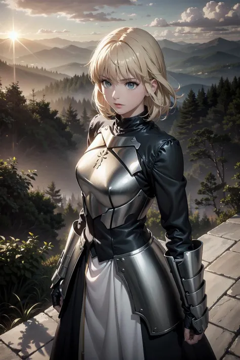 generate an evocative image of the woman knight, positioned against a breathtaking landscape, her yellow hair flows in the wind, creating a dynamic and captivating scene, the knight, adorned in an elegant suit of armor, stands atop a majestic cliff overlooking a vast and fantastical world, The wind tousles her hair as she gazes into the distance, revealing a mixture of determination and tranquility, the setting sun bathes the landscape in warm hues, casting long shadows and creating a mesmerizing play of light, the panoramic view includes towering mountains, mystical forests, and a sky filled with swirling clouds and magical auras, Capture the essence of this moment, where the beauty of nature intertwines with the strength and grace of the woman knight, making it a truly enchanting and epic scene, (master piece:1.4, best quality:1.4, intricate details, sharp focus, UHD, 8K, Ultra Detailed 8K CG, extremely detailed CG unity 8k wallpaper, ultra high res, High quality texture, High quality shadow, natural lighting, vivid colors, sof HDR), <lora:saber_v1:0.85>