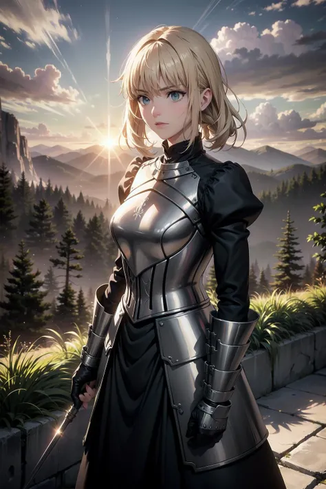 generate an evocative image of the woman knight, positioned against a breathtaking landscape, her yellow hair flows in the wind, creating a dynamic and captivating scene, the knight, adorned in an elegant suit of armor, stands atop a majestic cliff overlooking a vast and fantastical world, The wind tousles her hair as she gazes into the distance, revealing a mixture of determination and tranquility, the setting sun bathes the landscape in warm hues, casting long shadows and creating a mesmerizing play of light, the panoramic view includes towering mountains, mystical forests, and a sky filled with swirling clouds and magical auras, Capture the essence of this moment, where the beauty of nature intertwines with the strength and grace of the woman knight, making it a truly enchanting and epic scene, (master piece:1.4, best quality:1.4, intricate details, sharp focus, UHD, 8K, Ultra Detailed 8K CG, extremely detailed CG unity 8k wallpaper, ultra high res, High quality texture, High quality shadow, natural lighting, vivid colors, sof HDR), <lora:saber_v1:0.85>