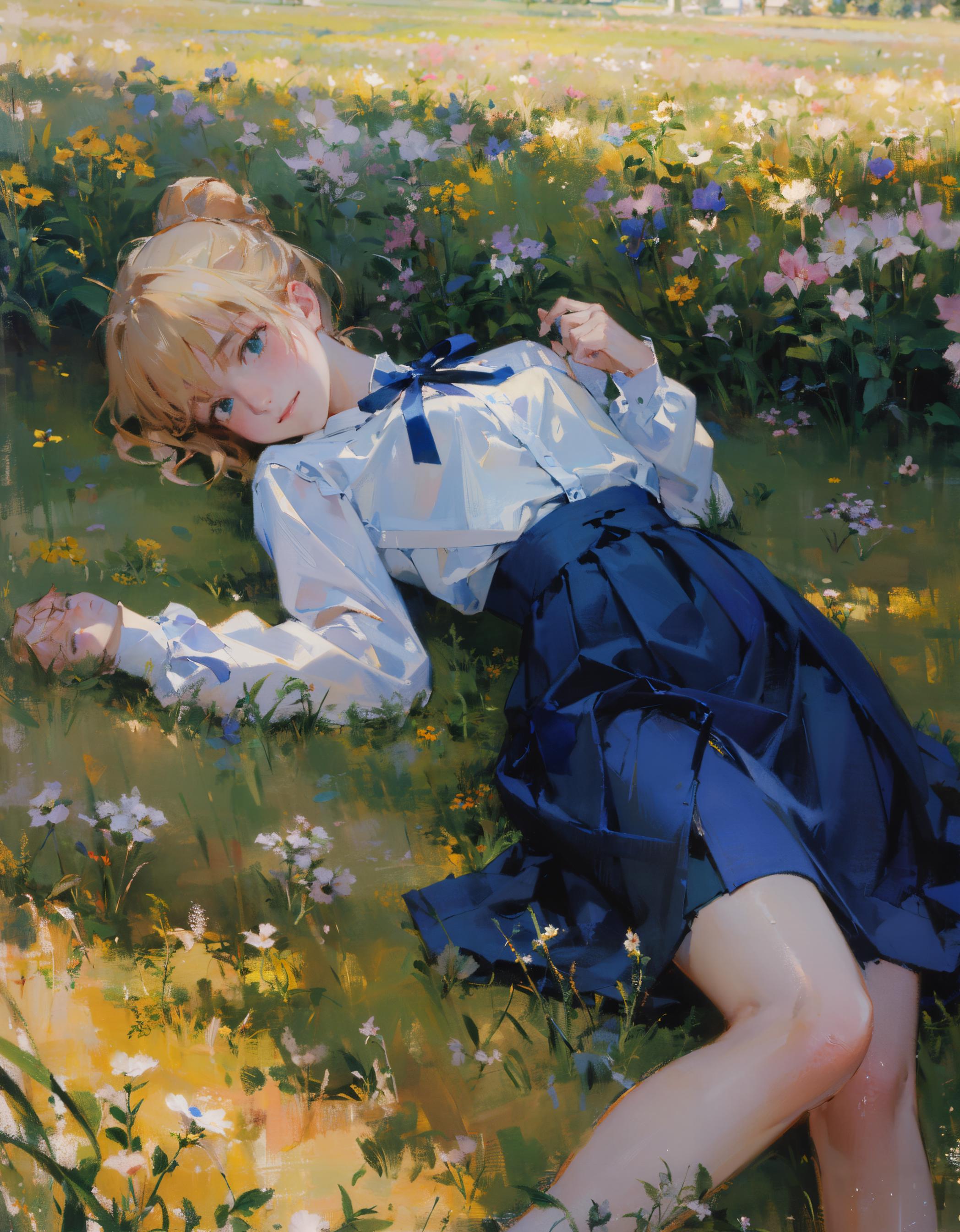 花畑に横たわる少女の絵 - SeaArt AI