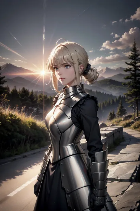 generate an evocative image of the woman knight, positioned against a breathtaking landscape, her yellow hair flows in the wind, creating a dynamic and captivating scene, the knight, adorned in an elegant suit of armor, stands atop a majestic cliff overlooking a vast and fantastical world, The wind tousles her hair as she gazes into the distance, revealing a mixture of determination and tranquility, the setting sun bathes the landscape in warm hues, casting long shadows and creating a mesmerizing play of light, the panoramic view includes towering mountains, mystical forests, and a sky filled with swirling clouds and magical auras, Capture the essence of this moment, where the beauty of nature intertwines with the strength and grace of the woman knight, making it a truly enchanting and epic scene, (master piece:1.4, best quality:1.4, intricate details, sharp focus, UHD, 8K, Ultra Detailed 8K CG, extremely detailed CG unity 8k wallpaper, ultra high res, High quality texture, High quality shadow, natural lighting, vivid colors, sof HDR), <lora:saber_v1:0.85>