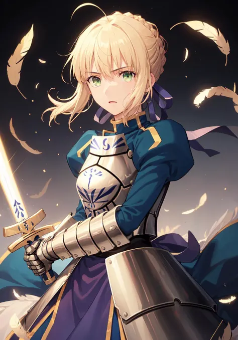 best quality, masterpiece, phSaber, phAltoria, 1girl, solo, armor, gauntlets, weapon, armored dress, sword, holding, french braid, holding weapon, looking at viewer, holding sword, feathers, sidelocks, blue dress, long sleeves, puffy sleeves, glowing weapon, glowing, blue ribbon, glowing sword, bangs, hair bun, french braid, juliet sleeves, hair between eyes, breastplate, faulds, parted lips, short hair, single hair bun,   <lora:saber_v1:1>