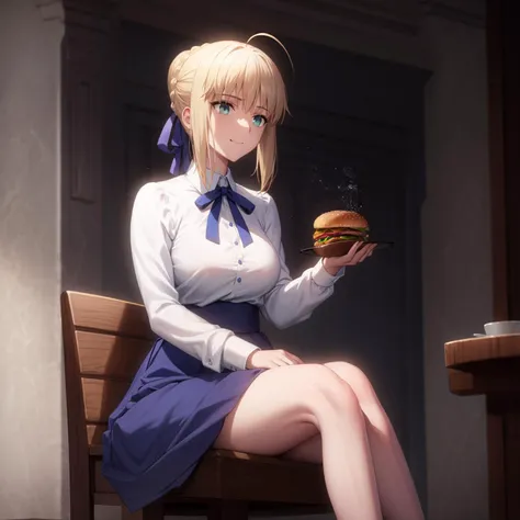 masterpiece, best quality, , phAltoria, 1girl, solo, blue ribbon, skirt, smile, shirt, blue skirt, white shirt, long sleeves, french braid, hair bun, high-waist skirt, neck ribbon, short hair, braid, large breasts, , ,, , full body shot, sitting in restaurant ,(eating a hamburger:1.1) holding burger to mouth, mouth open ,