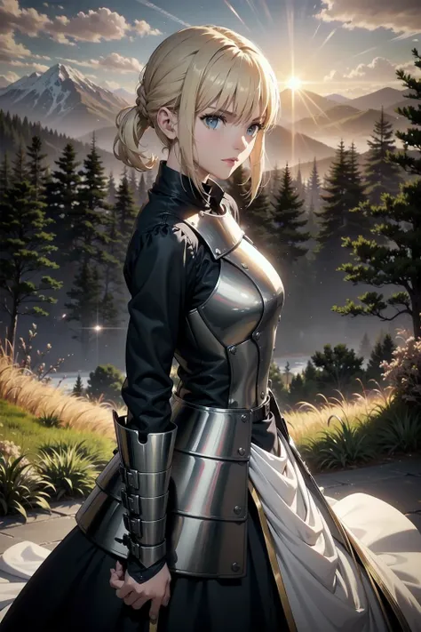 generate an evocative image of the woman knight, positioned against a breathtaking landscape, her yellow hair flows in the wind, creating a dynamic and captivating scene, the knight, adorned in an elegant suit of armor, stands atop a majestic cliff overlooking a vast and fantastical world, The wind tousles her hair as she gazes into the distance, revealing a mixture of determination and tranquility, the setting sun bathes the landscape in warm hues, casting long shadows and creating a mesmerizing play of light, the panoramic view includes towering mountains, mystical forests, and a sky filled with swirling clouds and magical auras, Capture the essence of this moment, where the beauty of nature intertwines with the strength and grace of the woman knight, making it a truly enchanting and epic scene, (master piece:1.4, best quality:1.4, intricate details, sharp focus, UHD, 8K, Ultra Detailed 8K CG, extremely detailed CG unity 8k wallpaper, ultra high res, High quality texture, High quality shadow, natural lighting, vivid colors, sof HDR), <lora:saber_v1:0.85>