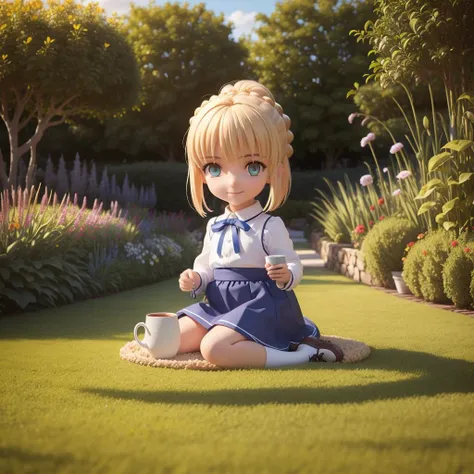 (masterpiece),(best quality),(ultra-detailed), (full body:1.2), cute, cubby, ponytail, <lora:blindbox_v1_mix:1> full body, chibi,pvc,
(in garden), best quality, phSaber, phAltoria, 1girl, solo, a cup of coffee, blue ribbon, cup, skirt, smile, shirt, food, looking at viewer, blue skirt, holding, white shirt, long sleeves, french braid, hair bun, day, high-waist skirt, neck ribbon, short hair, outdoors,(sitting on carpet), (in garden), (beautiful detailed face), (beautiful detailed eyes) <lora:saber_v1:0.8>