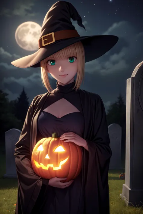 <lora:saber_v1:0.8> phSaber, phAltoria,
blonde hair, green eyes, smile,
alternate costume, witch mantle, witch hat,
night, halloween, moonlight, holding jack-o'-lantern,
on the graveyard, grave, cross, cowboy shot, <lora:add_detail:0.5> ,<lora:hairdetailer:0.5>, ((masterpiece, best quailty:1.2), intricate details, absurdres)