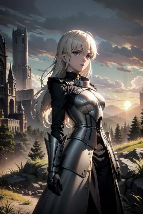 generate an evocative image of the woman knight, positioned against a breathtaking landscape, her yellow hair flows in the wind, creating a dynamic and captivating scene, the knight, adorned in an elegant suit of armor, stands atop a majestic cliff overlooking a vast and fantastical world, The wind tousles her hair as she gazes into the distance, revealing a mixture of determination and tranquility, the setting sun bathes the landscape in warm hues, casting long shadows and creating a mesmerizing play of light, the panoramic view includes towering mountains, mystical forests, and a sky filled with swirling clouds and magical auras, Capture the essence of this moment, where the beauty of nature intertwines with the strength and grace of the woman knight, making it a truly enchanting and epic scene, (master piece:1.4, best quality:1.4, intricate details, sharp focus, UHD, 8K, Ultra Detailed 8K CG, extremely detailed CG unity 8k wallpaper, ultra high res, High quality texture, High quality shadow, natural lighting, vivid colors, sof HDR), <lora:saber_v1:0.85>