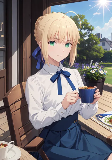 best quality, masterpiece, phSaber, phAltoria, 1girl, solo, sitting, blue ribbon, cup, skirt, smile, shirt, food, looking at viewer, blue skirt, holding, white shirt, long sleeves, french braid, hair bun, day, high-waist skirt, neck ribbon, short hair, outdoors, sunlight,  <lora:saber_v1:0.9>