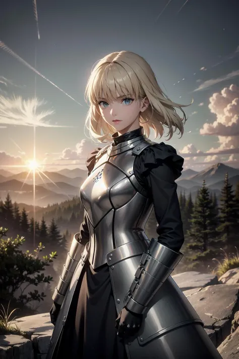 generate an evocative image of the woman knight, positioned against a breathtaking landscape, her yellow hair flows in the wind, creating a dynamic and captivating scene, the knight, adorned in an elegant suit of armor, stands atop a majestic cliff overlooking a vast and fantastical world, The wind tousles her hair as she gazes into the distance, revealing a mixture of determination and tranquility, the setting sun bathes the landscape in warm hues, casting long shadows and creating a mesmerizing play of light, the panoramic view includes towering mountains, mystical forests, and a sky filled with swirling clouds and magical auras, Capture the essence of this moment, where the beauty of nature intertwines with the strength and grace of the woman knight, making it a truly enchanting and epic scene, (master piece:1.4, best quality:1.4, intricate details, sharp focus, UHD, 8K, Ultra Detailed 8K CG, extremely detailed CG unity 8k wallpaper, ultra high res, High quality texture, High quality shadow, natural lighting, vivid colors, sof HDR), <lora:saber_v1:0.85>