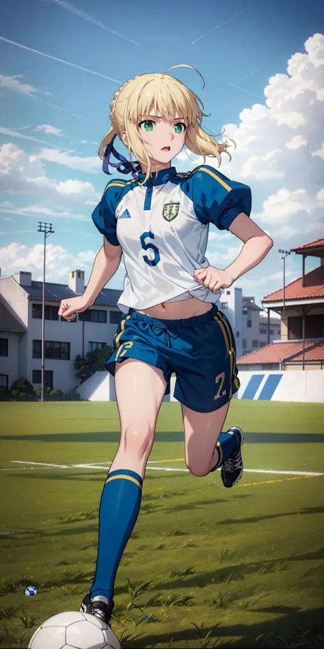 highres, (detailed eyes), best quality, masterpiece, (detailed face), highest details, luminous eyes, (colorful), <lora:saber_v1:0.9>, phAltoria, phSaber, green eyes, soccer uniform, soccer, soccer field, white shirt, (red shorts), kneehighs, (1girl, solo), blue sky, running,