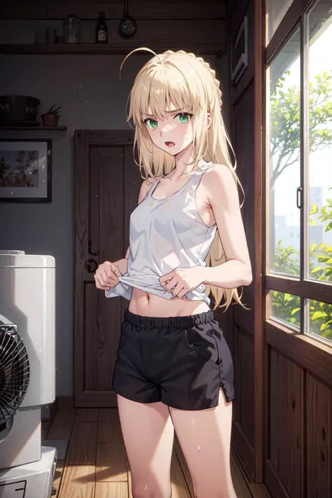 <lora:saber_v1:0.9>, phAltoria, phSaber, green eyes, masterpiece, best quality, white tank top, shorts, sweat, shiny skin, exhausted, frowning, electric fan, living room, head back, looking at viewer, open mouth, summer, barefoot, (shirt lift), navel, ((hair down, long hair)), standing in front of electric fan, cowboy shot, from side,