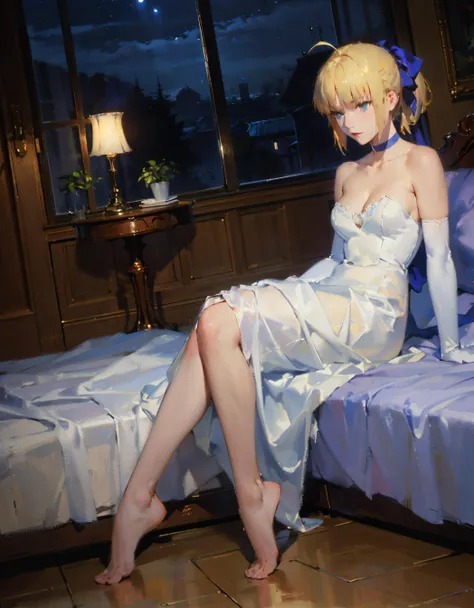 (masterpiece, best quality:1.2), dutch angle, close shot, phSaber, phAltoria, 1girl, gloves, elbow gloves, choker, white dress, official alternate costume, breasts, collarbone, ponytail, white gloves, cleavage, strapless dress, bow, bare shoulders, short hair, blue choker, hair bow, blue ribbon, (seductive:1.4), (dyamic shot:1.1), indoors, dimly lit, rim light, (night:1.3), laying in bed, legs spread, feet, (oil painting), post-Impressionist, degas style, <lora:saber_v1:0.8>