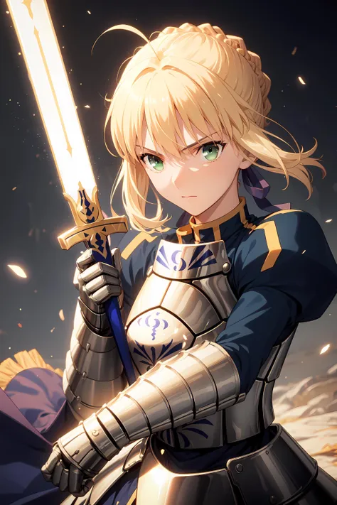 best quality, masterpiece,<lora:saber_v1:0.9>, phSaber, phAltoria, 1girl, solo, armor, weapon, sword, glowing sword, glowing weapon, french braid, armored dress, glowing, gauntlets, holding, breastplate, hair bun, upper body