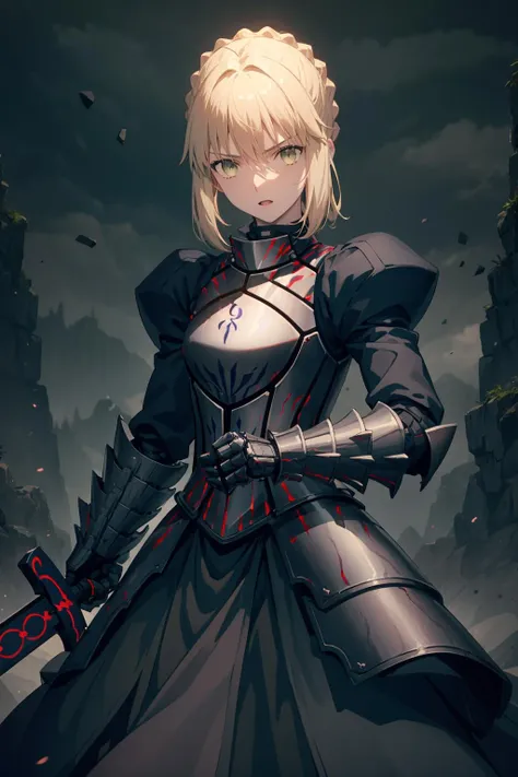 best quality, masterpiece, phAlter, phAltoria, 1girl, solo, dark weapon, dark armored dress, dark sword, looking at viewer, holding dark weapon, dark gauntlets, holding dark sword, hair between eyes, black dress, breastplate, black armor, sidelocks, bangs, french braid, parted lips, puffy sleeves, long sleeves, short hair, <lora:saber_v1:0.9>