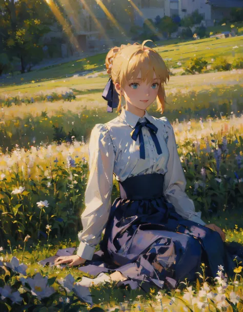 (masterpiece, best quality:1.2), dutch angle, close shot, phSaber, phAltoria, 1girl, solo, blue ribbon, skirt, smile, shirt, blue skirt, white shirt, long sleeves, french braid, hair bun, high-waist skirt, neck ribbon, short hair, laying on ground, cute, (wind), (dyamic shot:1.3), in a flower field, crepuscular rays, (rim light:1.2), pastel colors, oil painting, post-Impressionist, monet style, <lora:saber_v1:0.8>