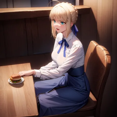 masterpiece, best quality, , phAltoria, 1girl, solo, blue ribbon, skirt, smile, shirt, blue skirt, white shirt, long sleeves, french braid, hair bun, high-waist skirt, neck ribbon, short hair, braid, large breasts, , ,, , full body shot, sitting in restaurant ,(eating a hamburger:1.1) holding burger close  to mouth, mouth open ,