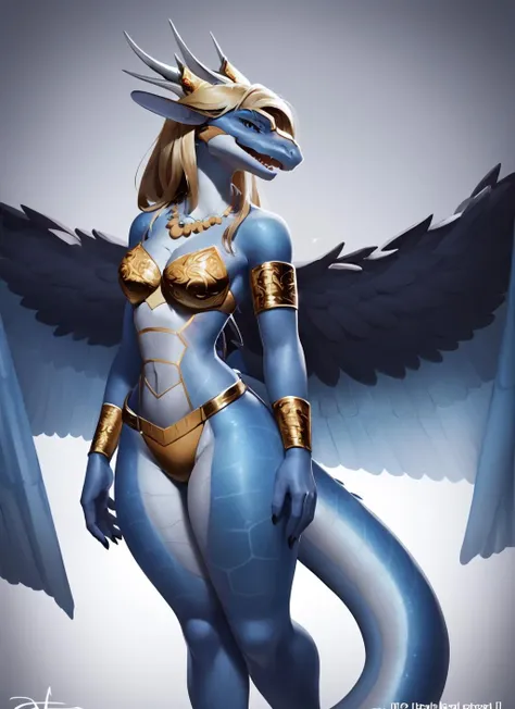 saffira, scalie, female anthro, dragon girl, bikini armor, standing, portrait, tranquil, solo, (best quality), portrait background, medium breasts, dramatic lighting, (detailed scales:1.1), looking at viewer, tail, open mouth, wings, armlet, (bracer:1.1), necklace,  <lora:saffira-v1:1>
