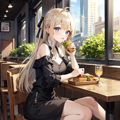 (best quality, masterpiece:1.4),[brown|blonde] hair, [blue|orange] eyes, breasts, eating (a hamburger:1.3), off shoulder, hair ribbon, full body, ahoge, street, restaurant, highly detailed background,