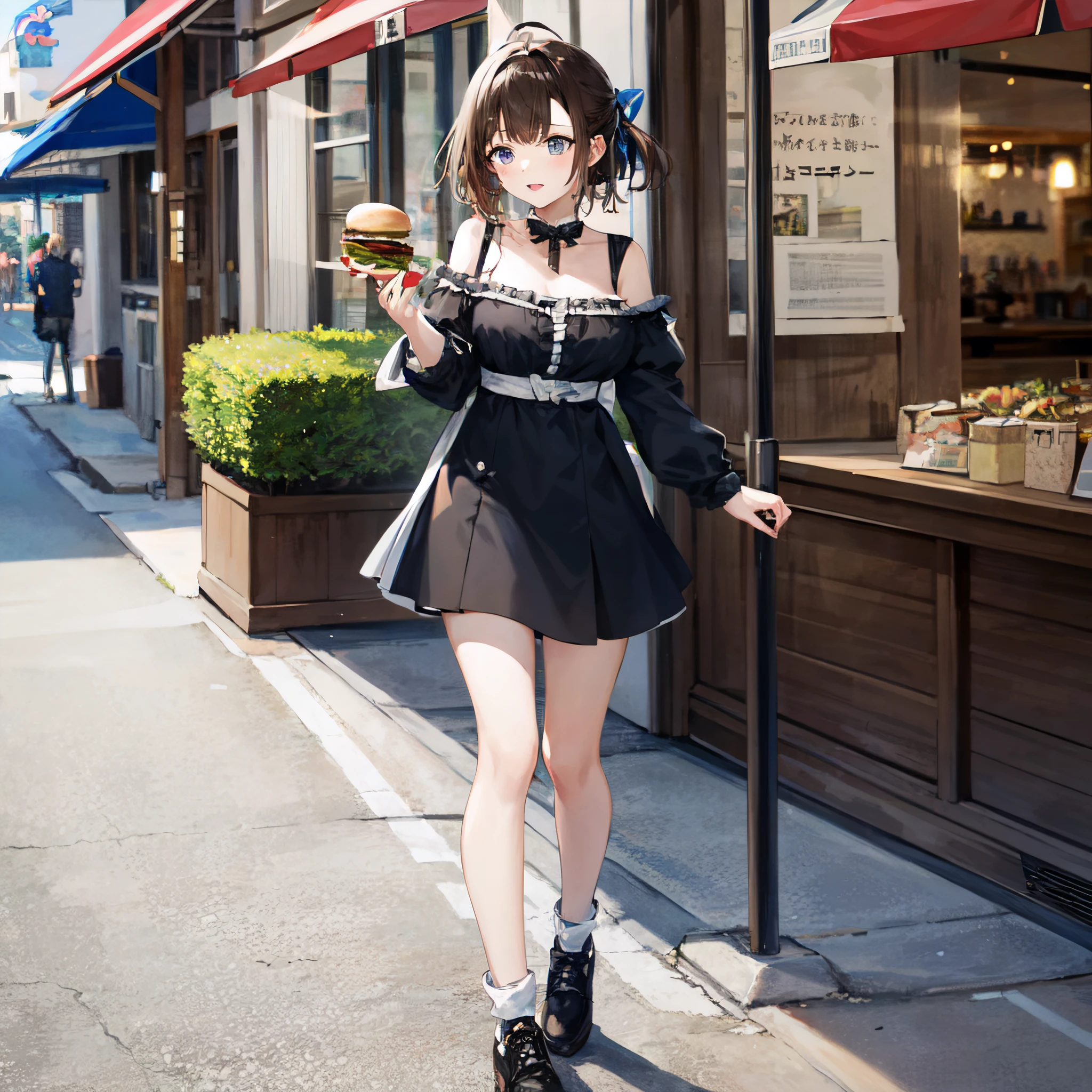 (best quality, masterpiece:1.4), brown hair, blue eyes, breasts, eating a hamburger, off shoulder, hair ribbon, (full body:1.12), ahoge, street, restaurant, highly detailed background,