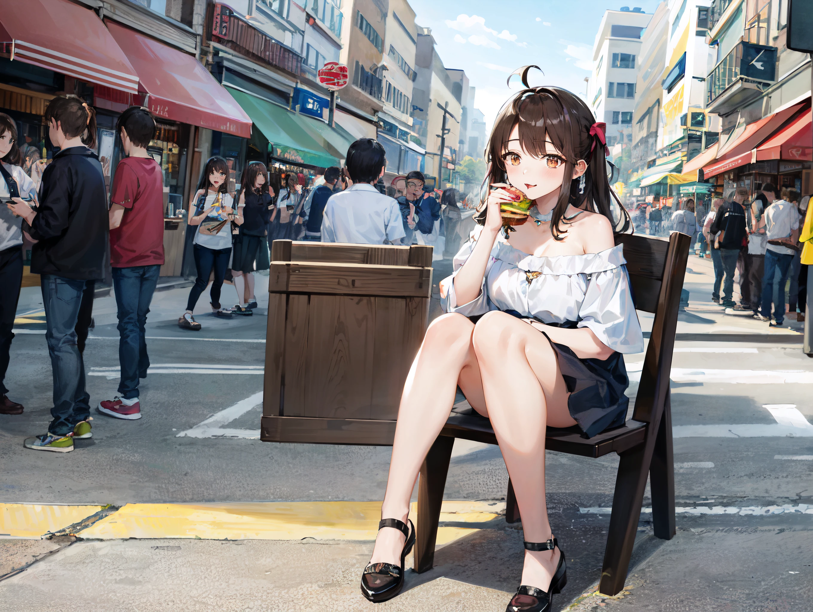(best quality, (masterpiece:1.4:1.47)), brown hair, orange eyes, breasts, eating a hamburger, off shoulder, hair ribbon, full body, ahoge, street, crowd, people, restaurant, highly detailed background