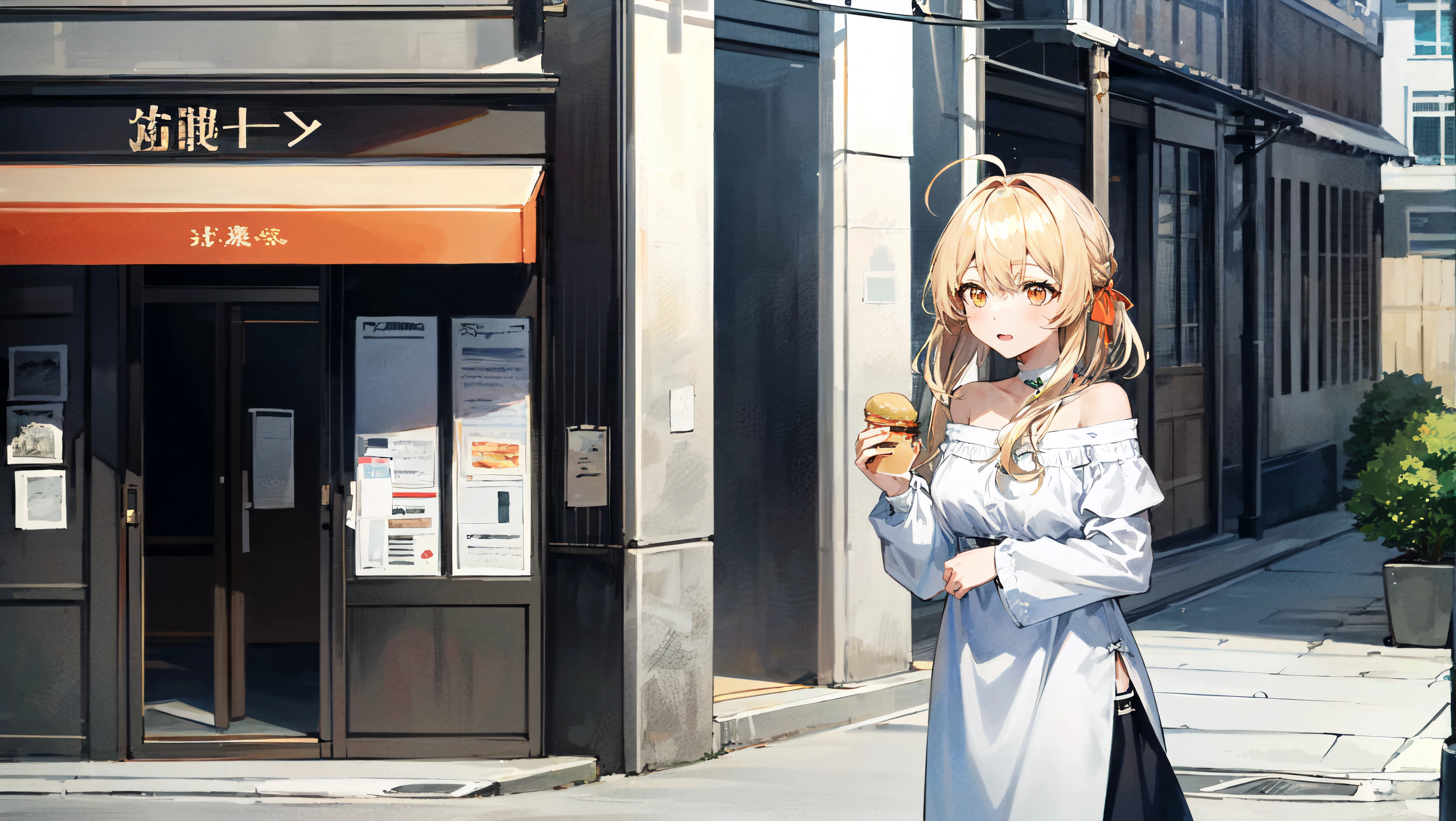 (best quality, masterpiece:1.4), blonde hair, (orange eyes:1.29), breasts, eating a hamburger, off shoulder, hair ribbon, full body, ahoge, street, restaurant, highly detailed background,