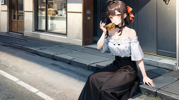 (best quality, masterpiece:1.4), brown  hair,  orange eyes, breasts, eating a hamburger, off shoulder, hair ribbon, full body, ahoge, (street:1.46), restaurant, highly detailed background,