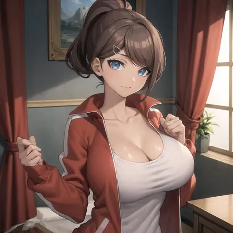 ((masterpiece)), ((best quality)), 1girl, <lora:asahinaAoi_v10:0.6>, solo, breasts, cleavage, track jacket, looking at viewer, collarbone, shirt, upper body, large breasts, curtains, open jacket, open clothes, white shirt, red jacket, large breasts, official style, closed mouth, tan skin