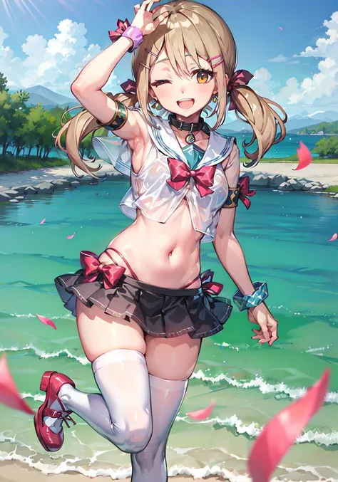 futaba kayano (denonbu), (best quality, 8K, masterpiece, ultra detailed:1.2),
1girl, solo, one eye closed, open mouth, smile, striped thighhighs, navel, wrist cuffs, swimsuit, crop top, skirt, bikini, bow, ;d, see-through, midriff, shoes, striped bikini, looking at viewer, standing, water, sailor collar, red bow, ribbon, earrings, bracelet, armlet, ribbon, petal
