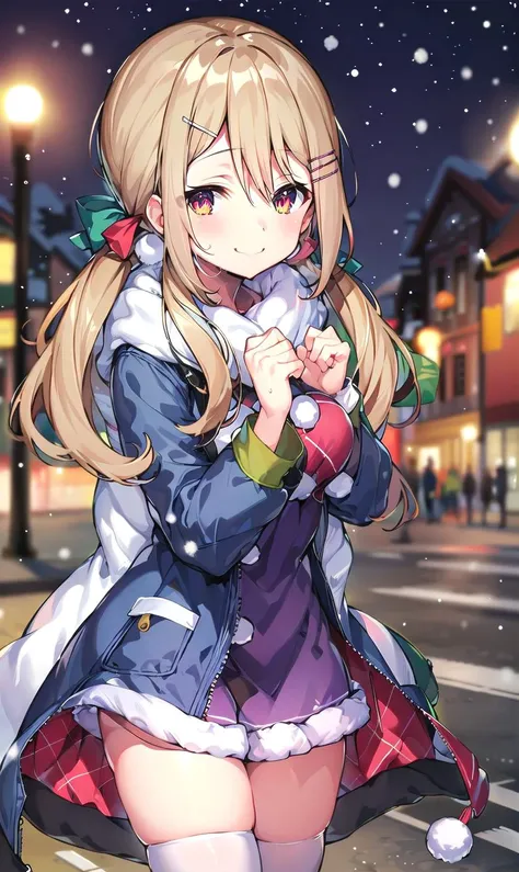 futaba kayano (denonbu), (best quality, 8K, masterpiece, ultra detailed:1.2), (lens flare, light particles, sparkle), depth of field, bokeh, blurry background, blurry,
night, starry sky, gradient sky, christmas, snowflakes, reflective floor, street, people, light, wet floor, snowing, constellation, dynamic pose, smile, (cinematic angle:1.2),
1girl, solo, winter coat, white thighhighs,