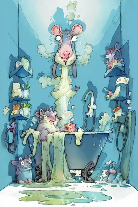 bob_zivkovic, a rat taking a bath, bathroom, illustration,
<lora:Bob_Zivkovic_v3:0.7>
