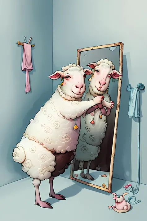 bob_zivkovic, sheep standing on two legs, looking into a mirror, illustration,
<lora:Bob_Zivkovic_v3:0.7>