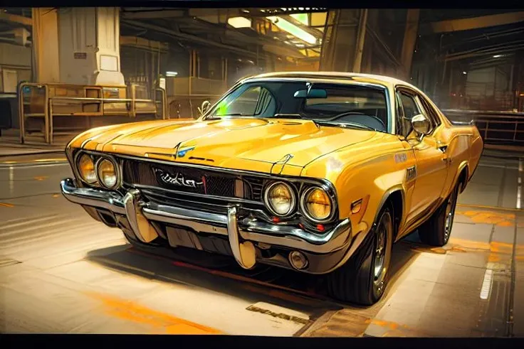 car, yellow car, 1973 Plymouth Road Runner, on the road, perfect lighting, wallpaper, commercial photo, <lora:70s_muscle_car_homage-1:1>,